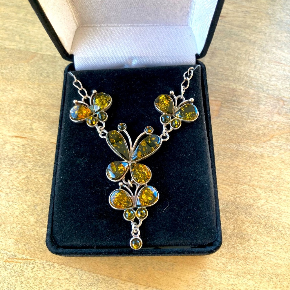 Silver and gemstone butterfly necklace